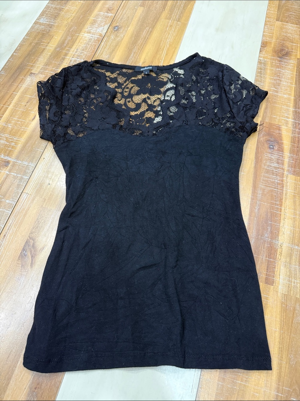 Ambiance Black Short Sleeve Lace Yoke Tee